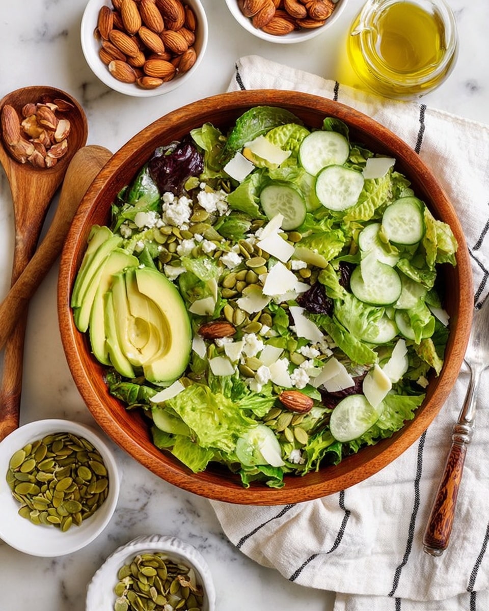 A large wooden bowl filled with fresh green mixed leafy lettuce as the base layer, topped with sliced avocado halves showing smooth, creamy green flesh, thin round cucumber slices, and scattered whole almonds. There are also some shaved white cheese pieces and green pumpkin seeds spread evenly on top. The bowl is placed on a white cloth with black stripes and surrounded by small white dishes containing almonds, pumpkin seeds, olive oil with a spoon, some leafy herbs, and wooden salad tongs. The surface beneath is a white marbled texture. photo taken with an iphone --ar 4:5 --v 7
