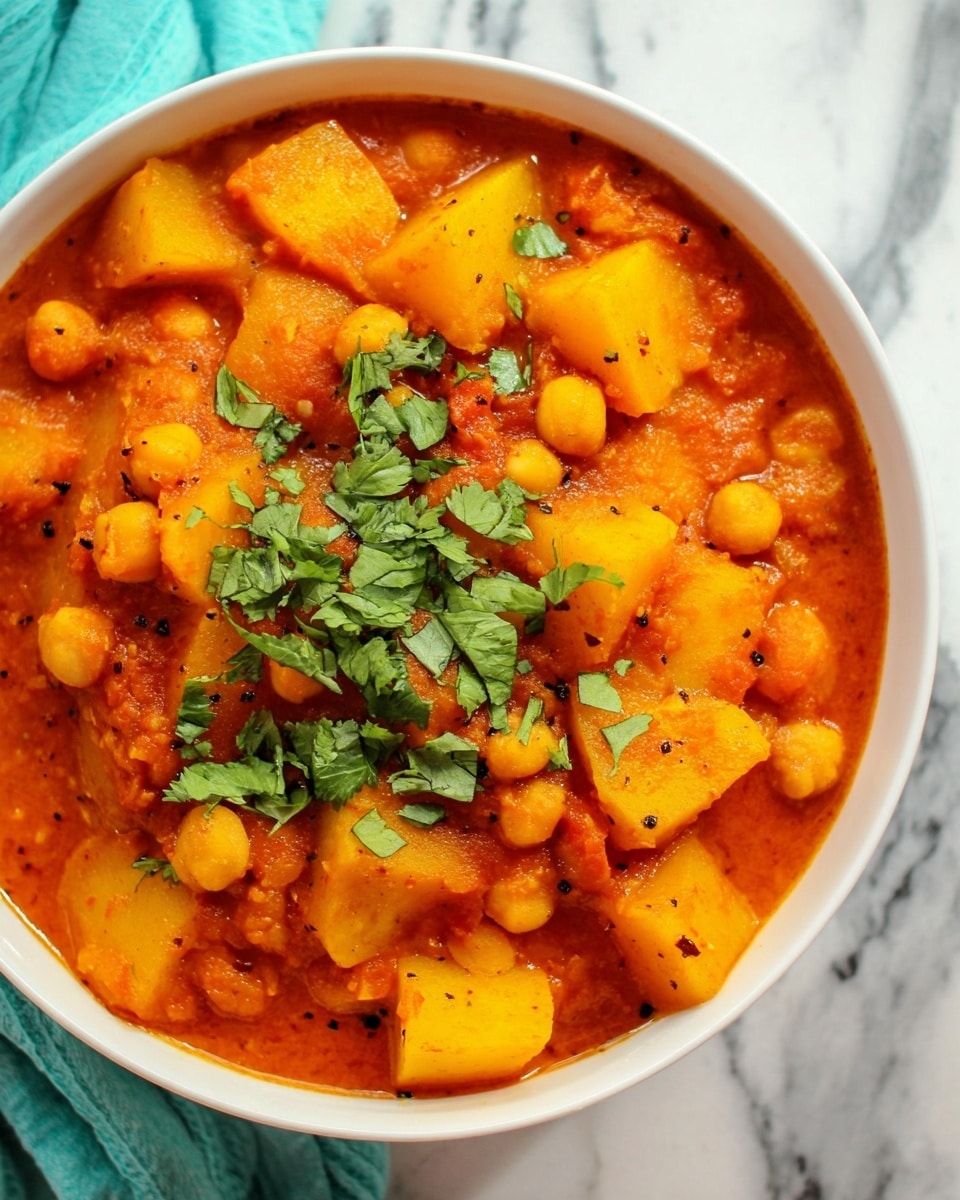 The image shows a close-up of a white bowl filled with a thick, orange-red stew. The stew has large, chunky pieces of yellow potatoes and smaller round chickpeas mixed inside a rich, smooth sauce. On top, there is a small pile of fresh, chopped green cilantro leaves adding a touch of color contrast. The bowl rests on a white marbled surface, and the stew looks warm and hearty. photo taken with an iphone --ar 4:5 --v 7